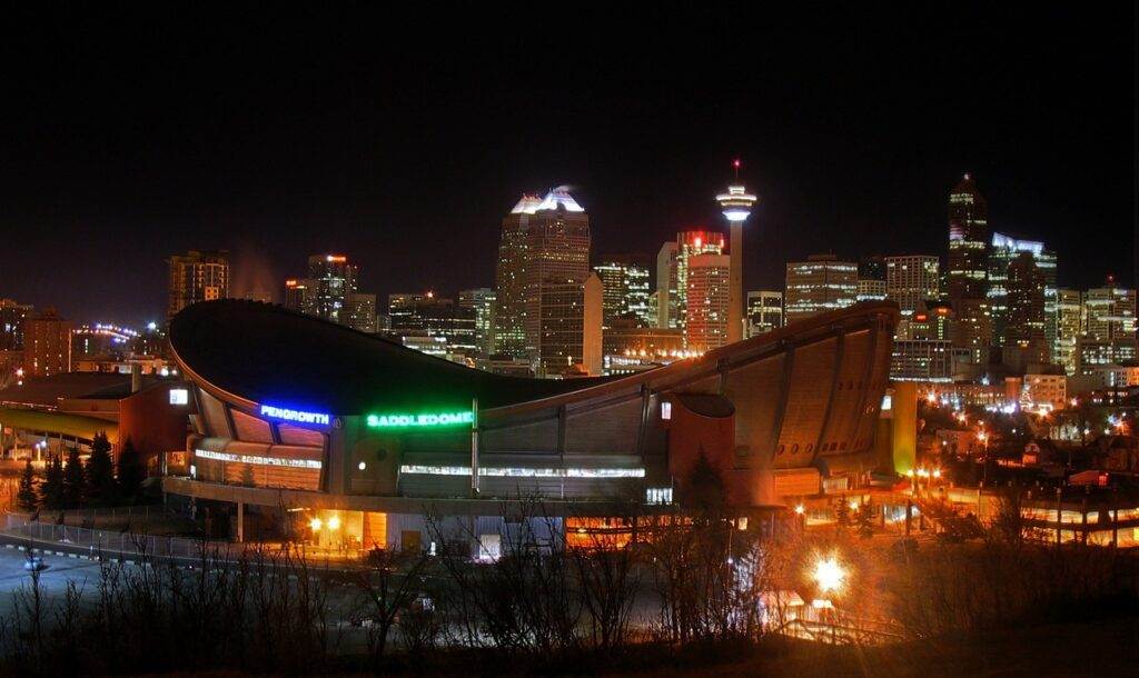 A view of a few buildings in Calgary during night-time.