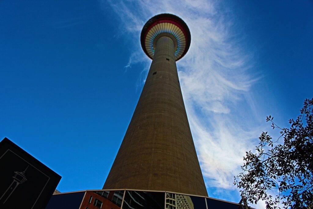 A low-angled view of Calgary Tower Height during daytime.